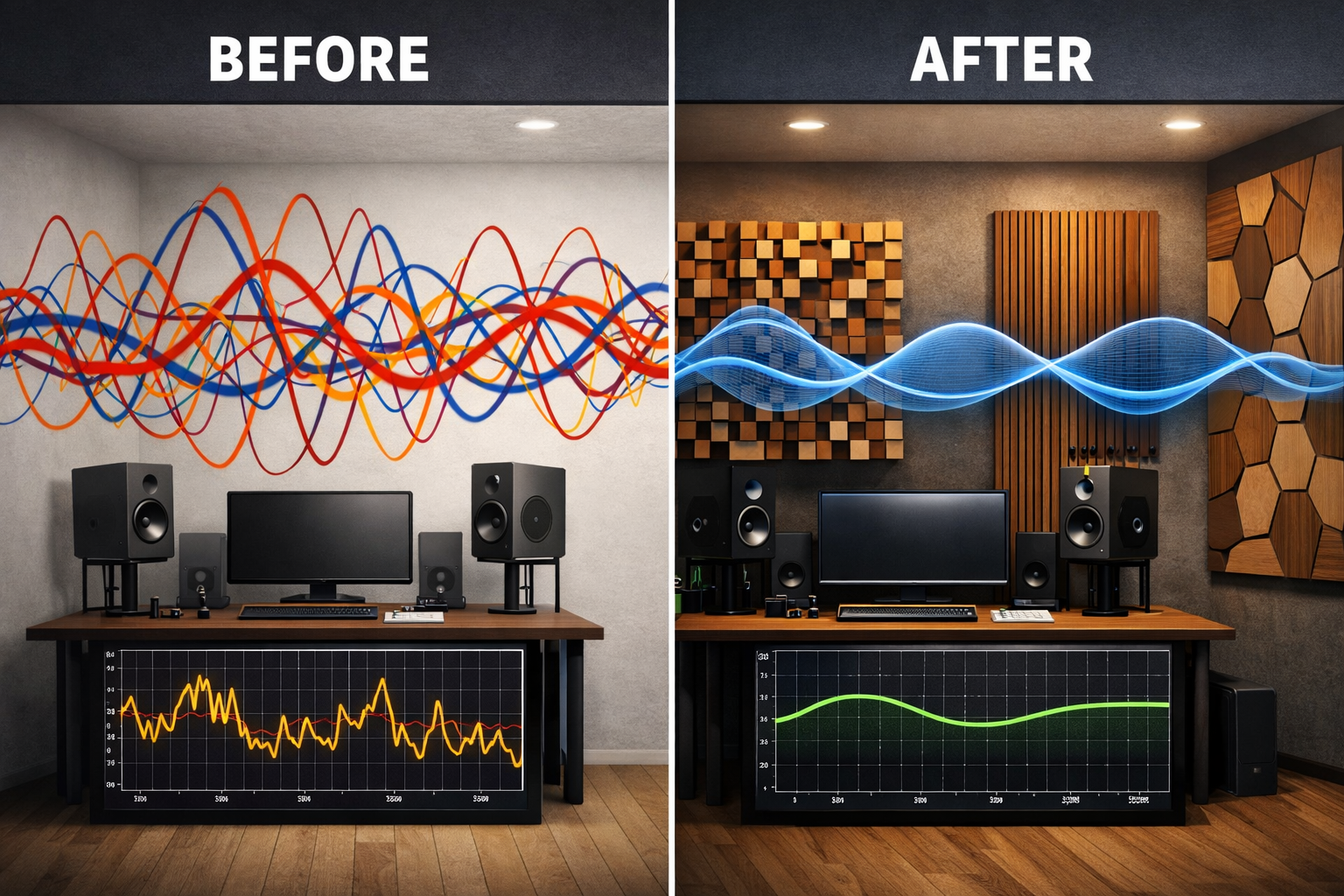 A () image presenting a side-by-side comparison of a sound wave before and after acoustic treatment in a home studio. The