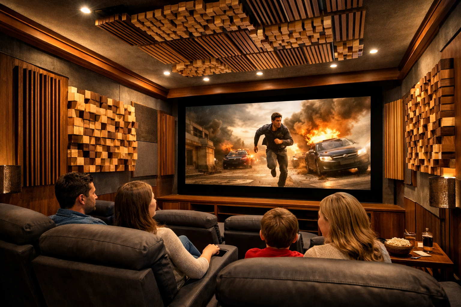 A () image depicting the final installation of custom wooden acoustic panels and diffusers in a sophisticated home theater