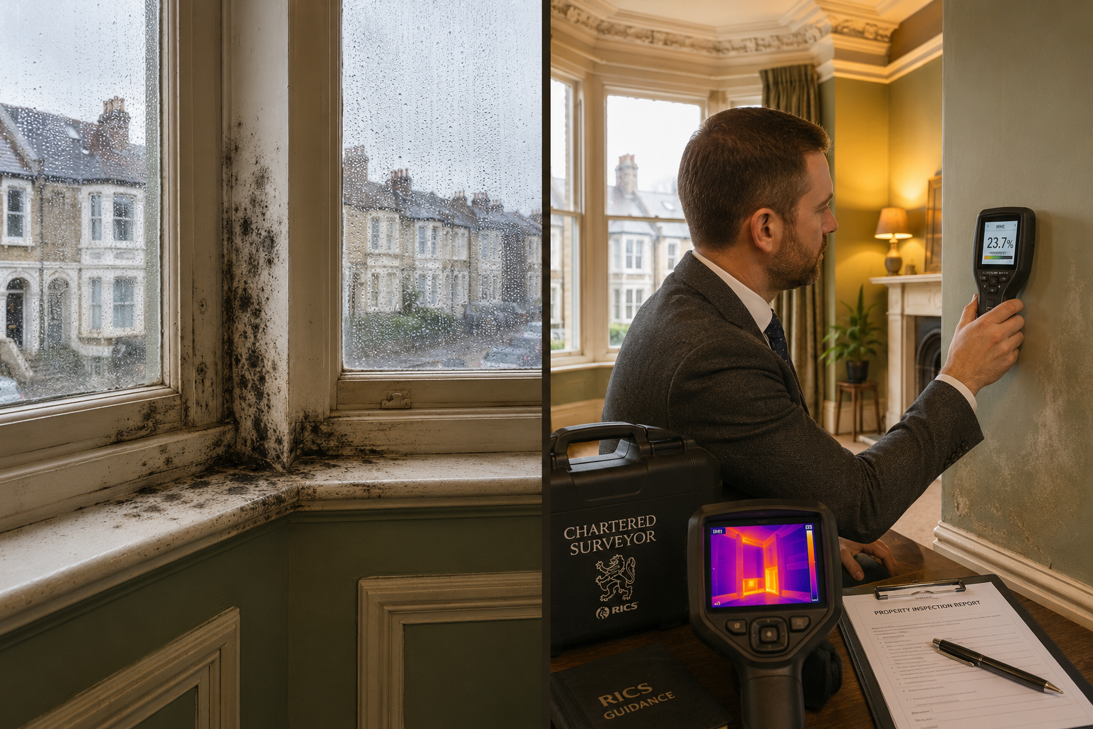 Detailed () editorial illustration showing a split-panel comparison inside a Victorian bay-windowed room: left panel depicts