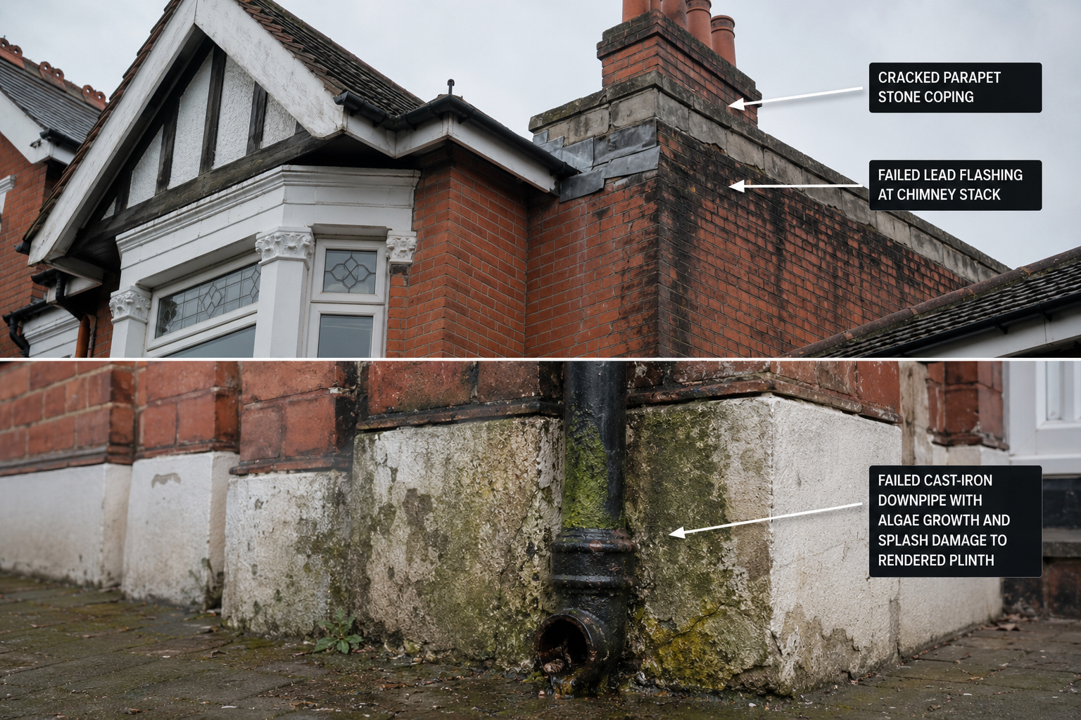 Detailed () dramatic close-up exterior shot of an Edwardian semi-detached house showing two distinct damp defects: upper