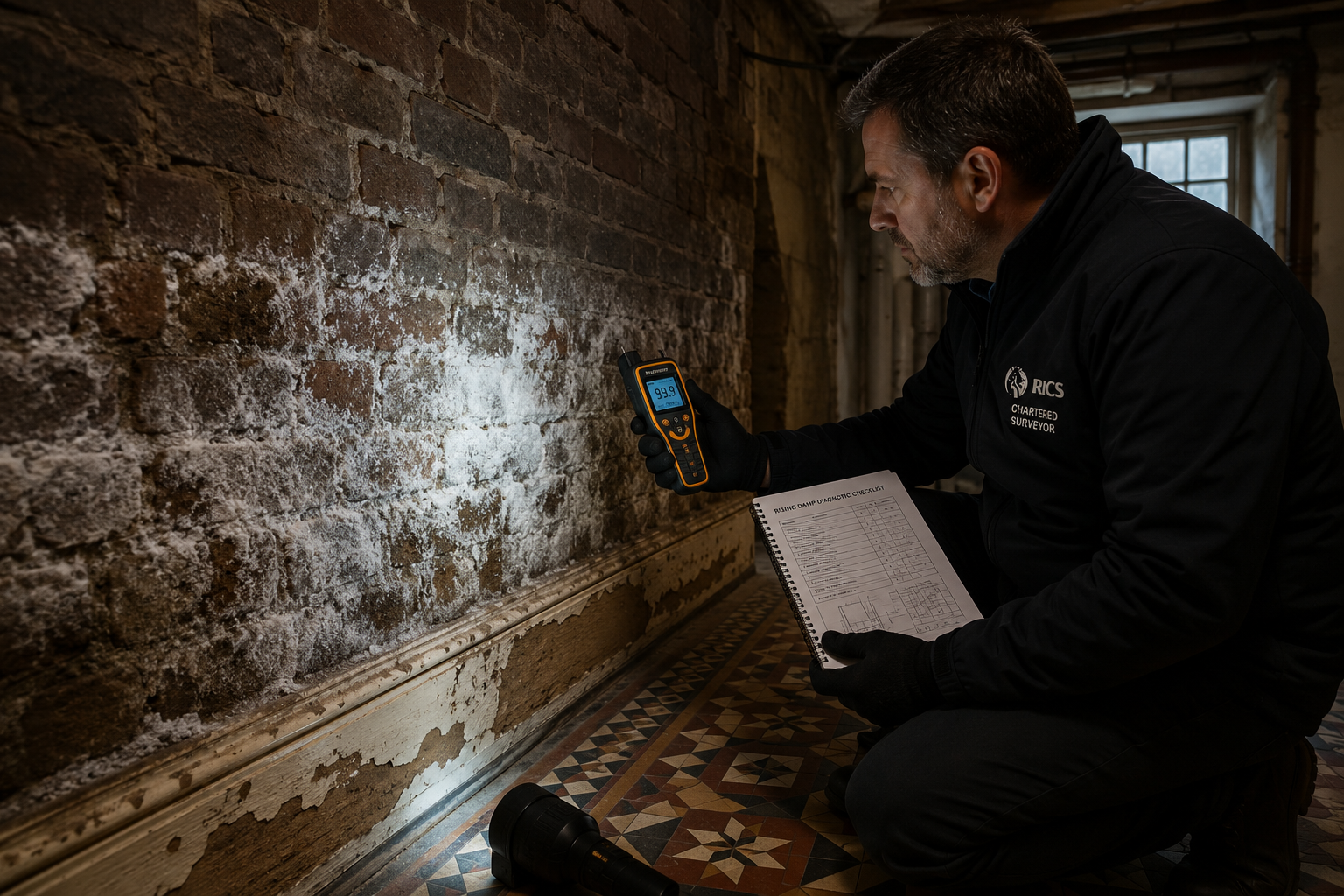 Detailed () ground-level perspective inside a Victorian basement or lower ground floor room showing classic rising damp