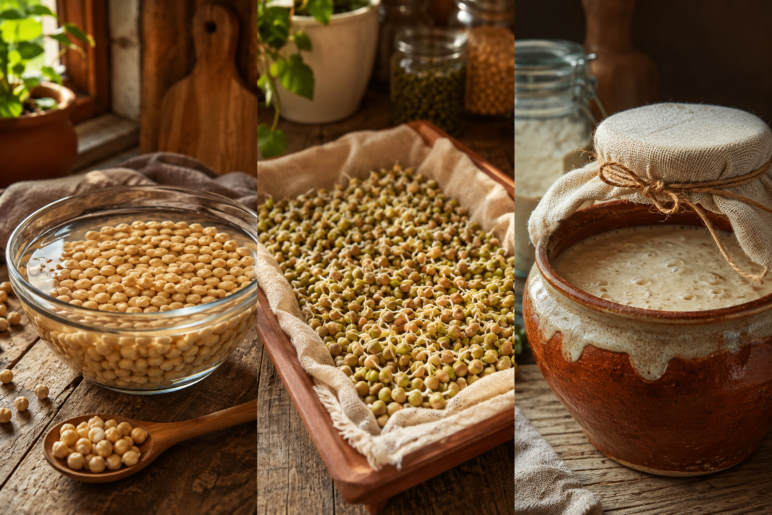 Detailed () editorial food-science image showing three distinct preparation stages side by side on a weathered wooden