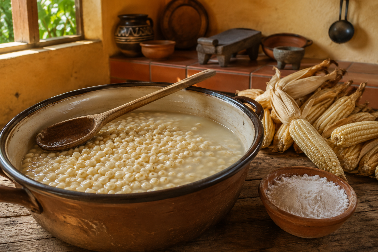 Detailed () close-up editorial image of traditional nixtamalization process: a large clay or enamel pot on a wooden surface