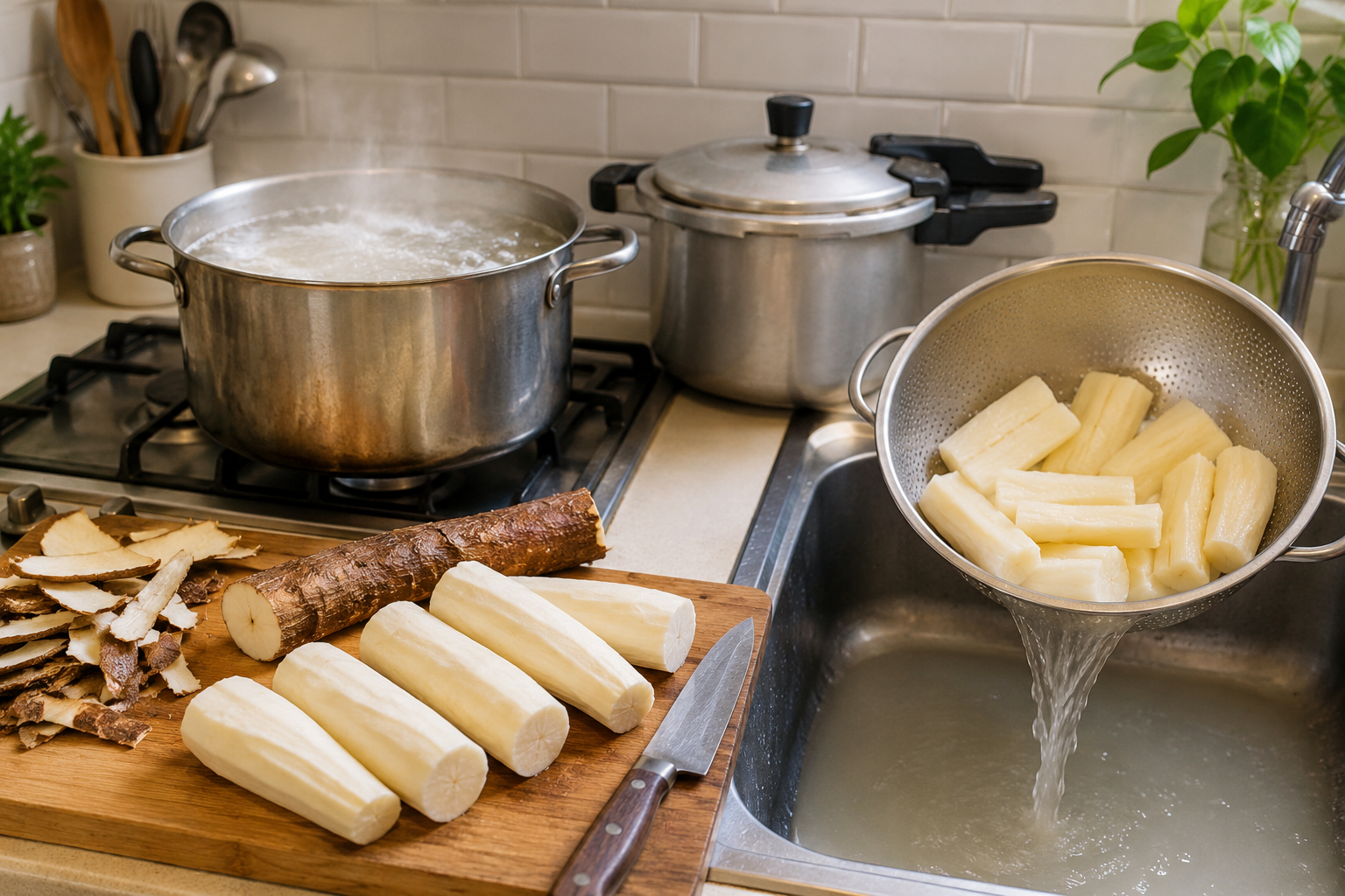 Detailed () editorial image focused on cassava safety processing: a wooden chopping board with peeled raw cassava roots