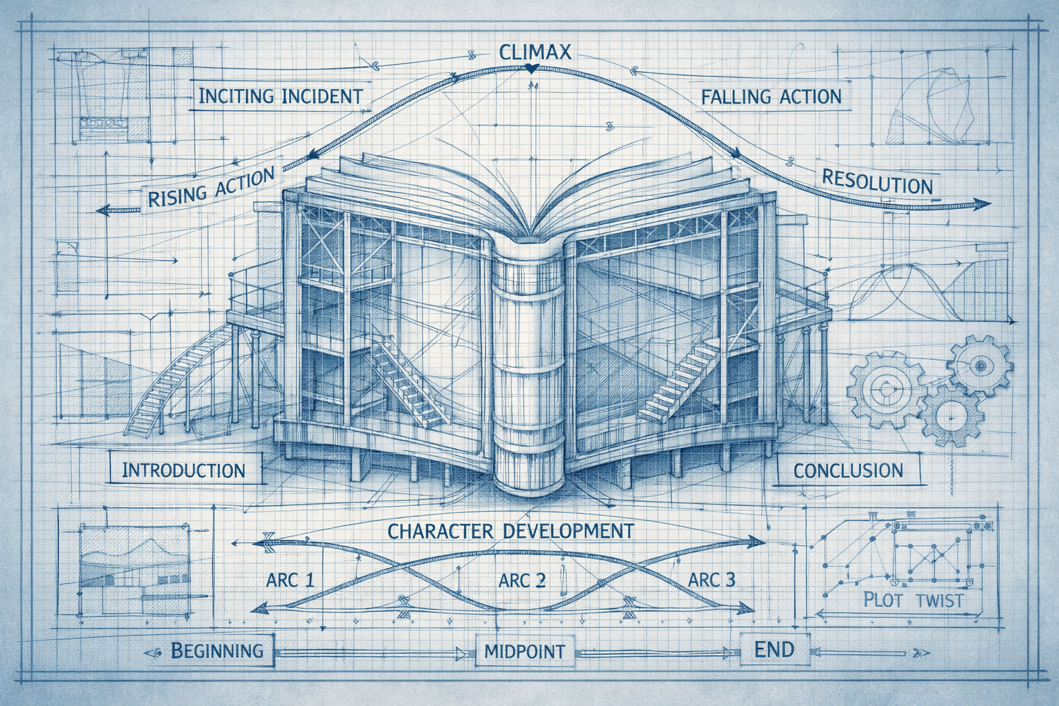 A visual blueprint of a book's foundational structure, resembling an architectural blueprint with transparent layers revealing story skeleto