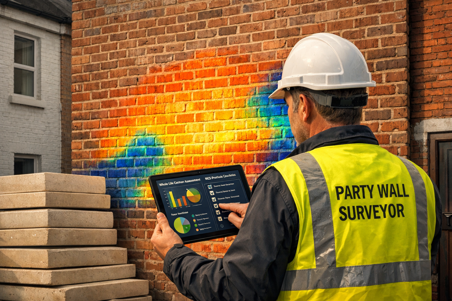 () editorial illustration showing a party wall surveyor in high-visibility vest and hard hat examining a shared brick wall