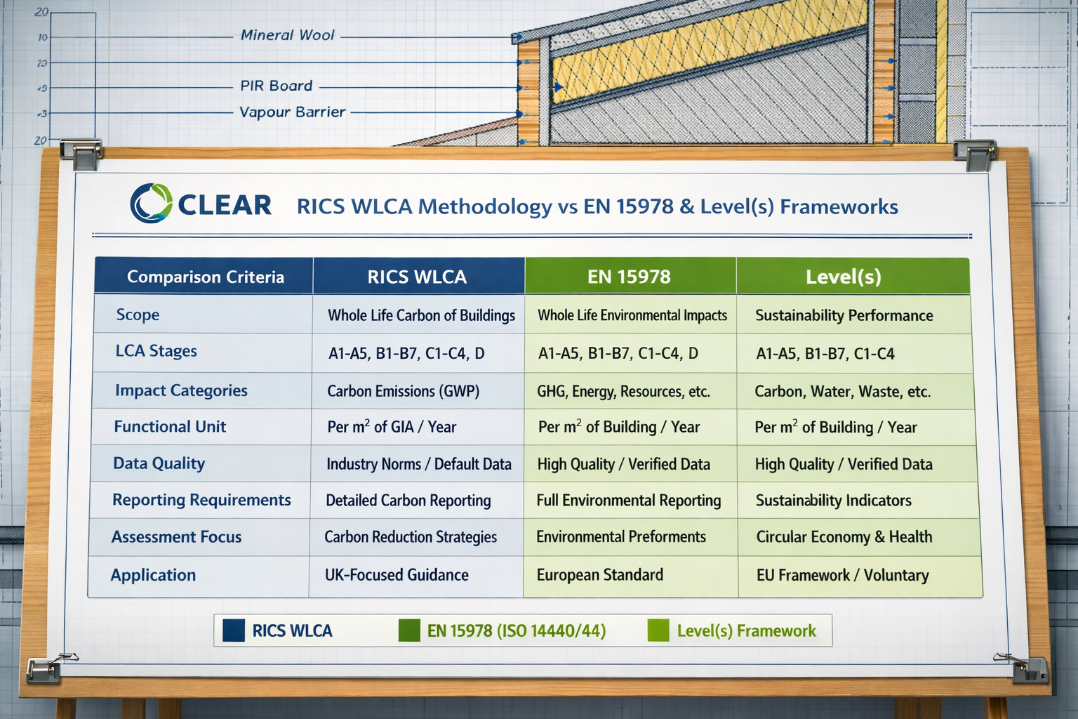() infographic-style image showing a detailed comparison table of RICS WLCA methodology versus EN 15978 and Level(s)