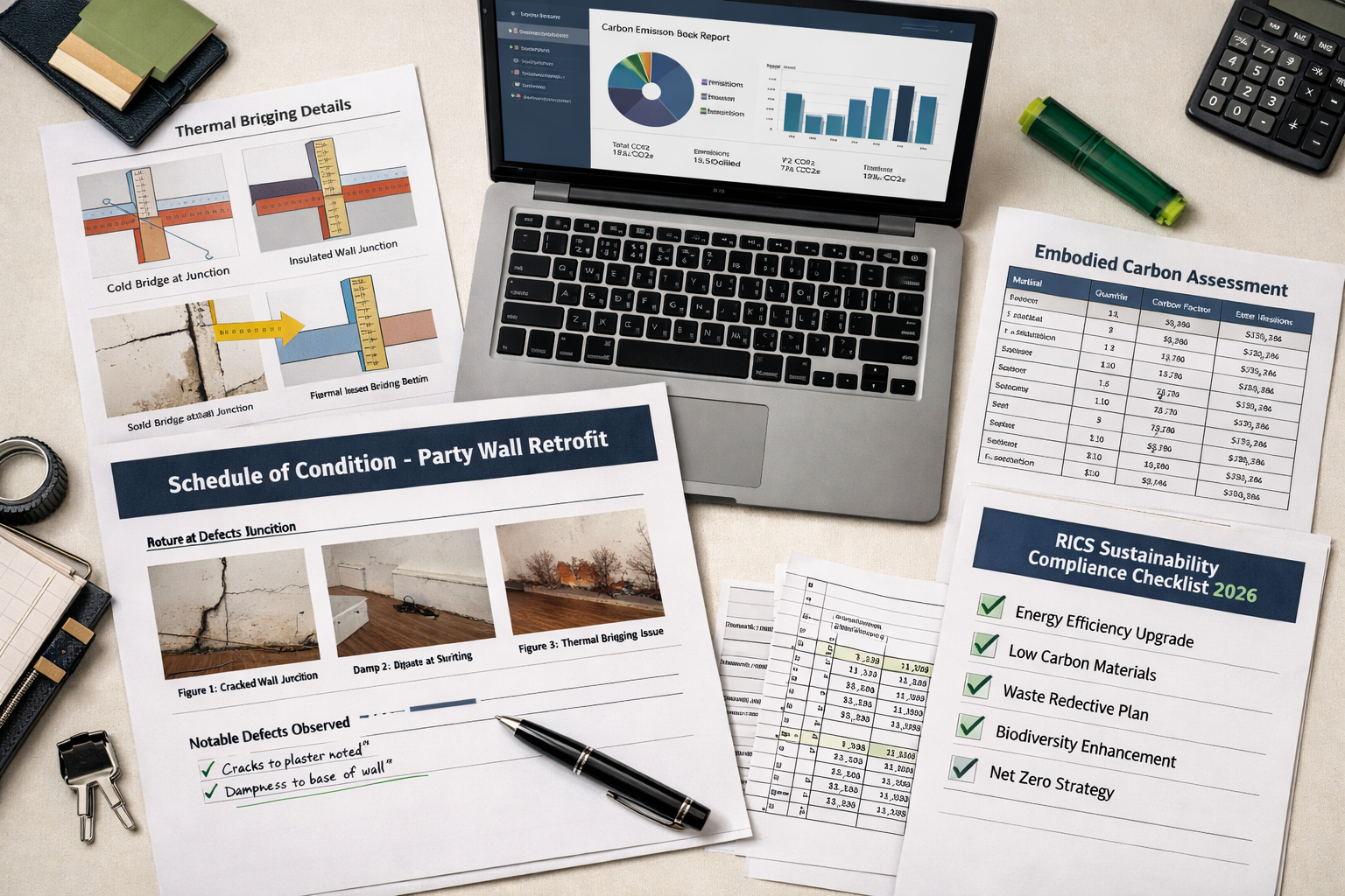 () top-down aerial perspective of a surveyor's desk showing a Schedule of Condition document for a party wall retrofit