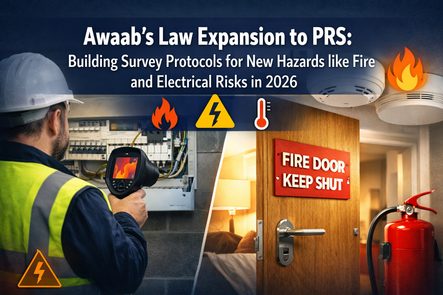 Professional () hero image featuring 'Awaab's Law Expansion to PRS: Building Survey Protocols for New Hazards like Fire and