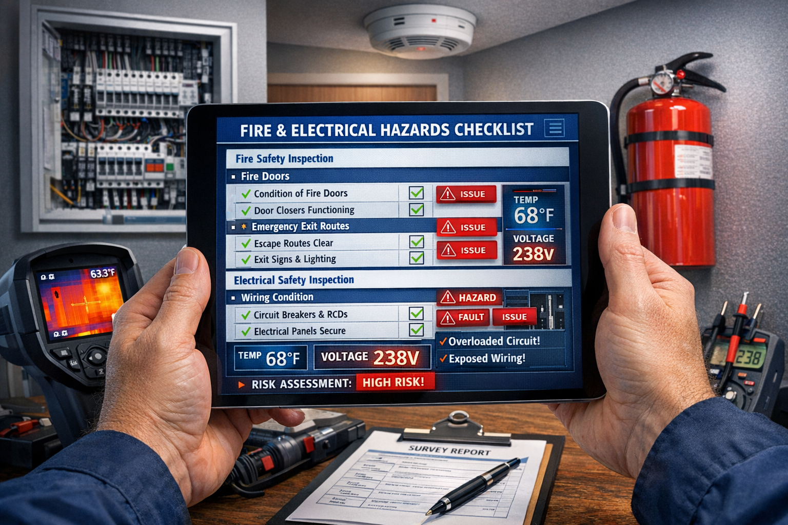 Detailed () image showing close-up of building surveyor's hands holding a digital tablet displaying a comprehensive fire and