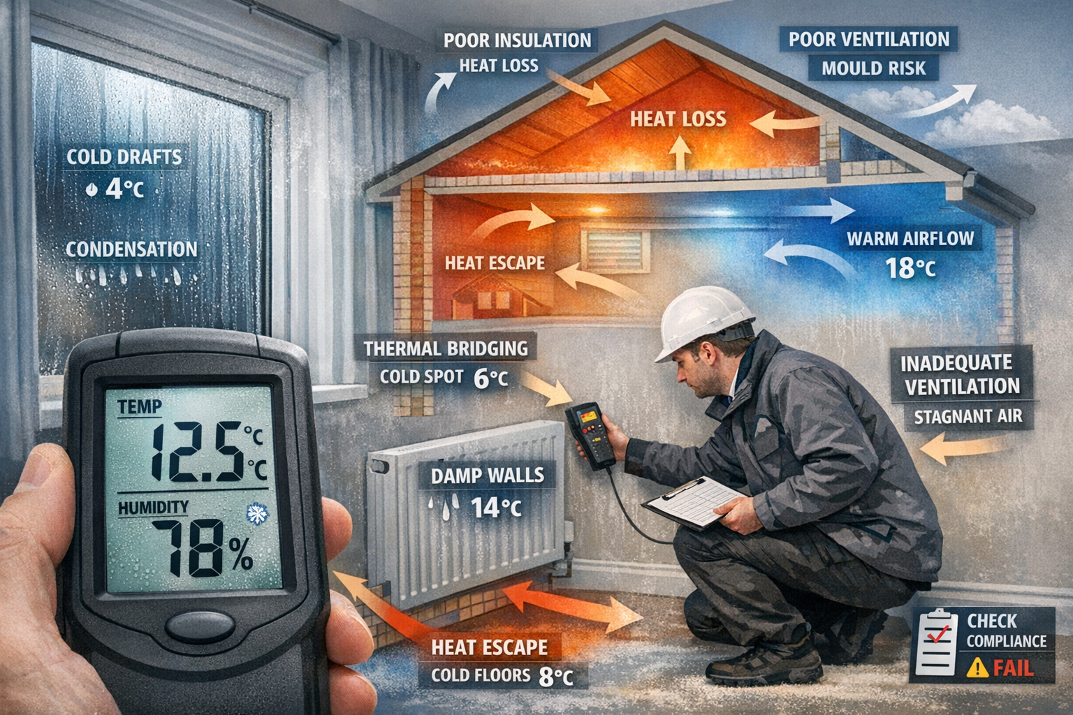 Detailed () image depicting a modern private rental property living room with surveyor conducting temperature and heating