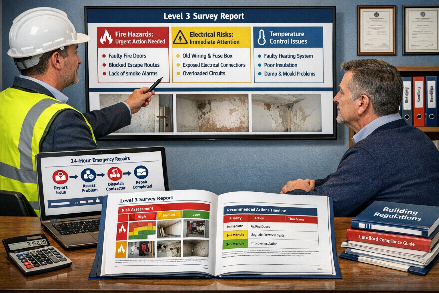 Detailed () image showing a professional building surveyor presenting a comprehensive Level 3 survey report to a private