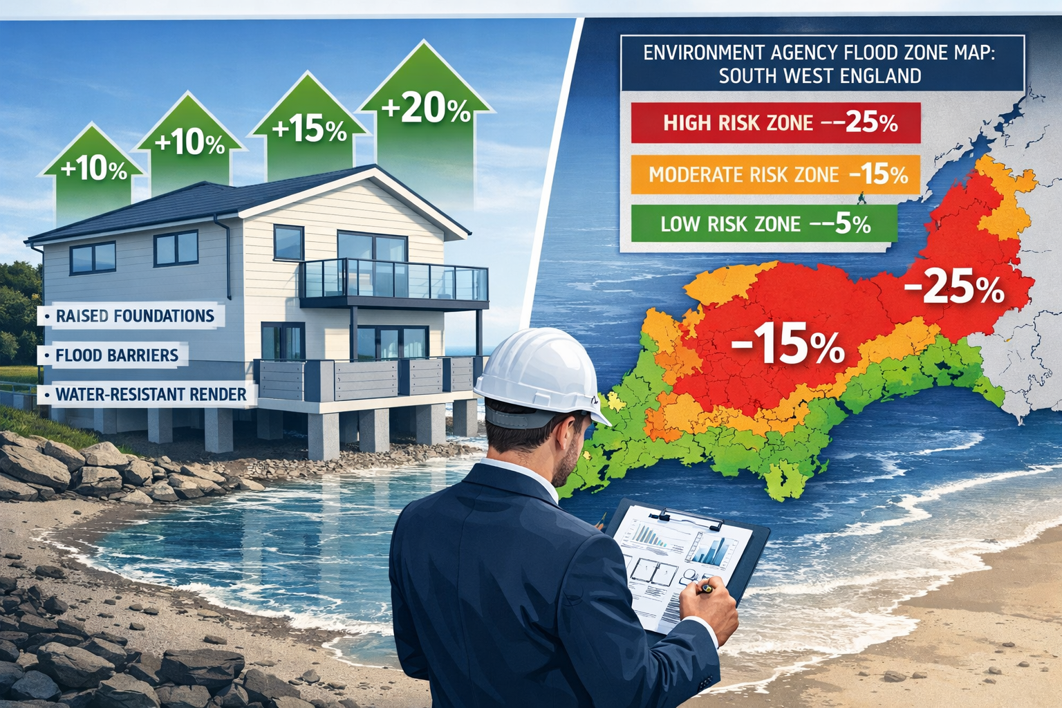 Detailed () infographic-style image showing a split-scene composition: left side displays a UK coastal property with flood