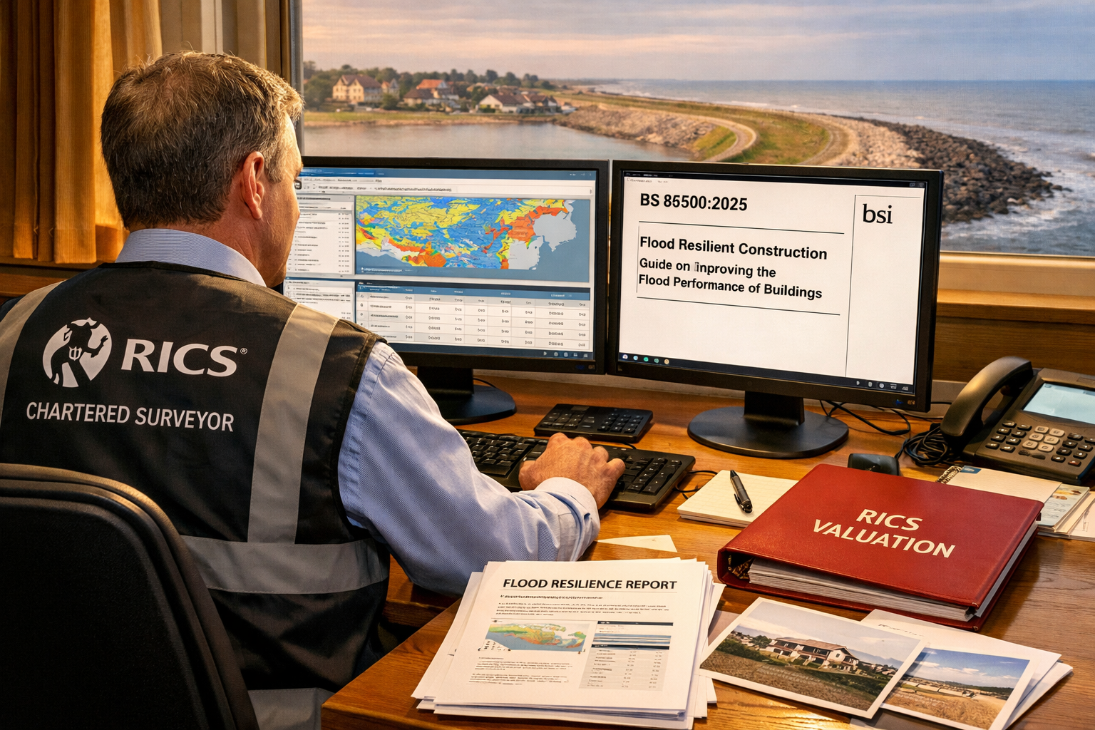 Detailed () showing a RICS chartered surveyor at a desk with dual monitors displaying flood risk assessment software and BS