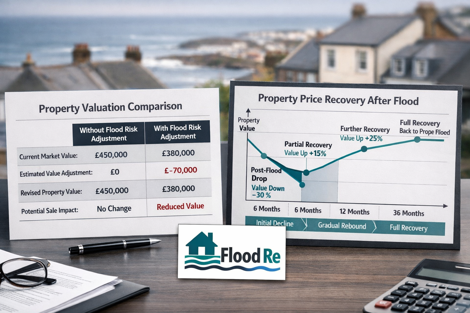 Detailed () depicting a before-and-after comparison table rendered as a physical document on a professional desk, showing