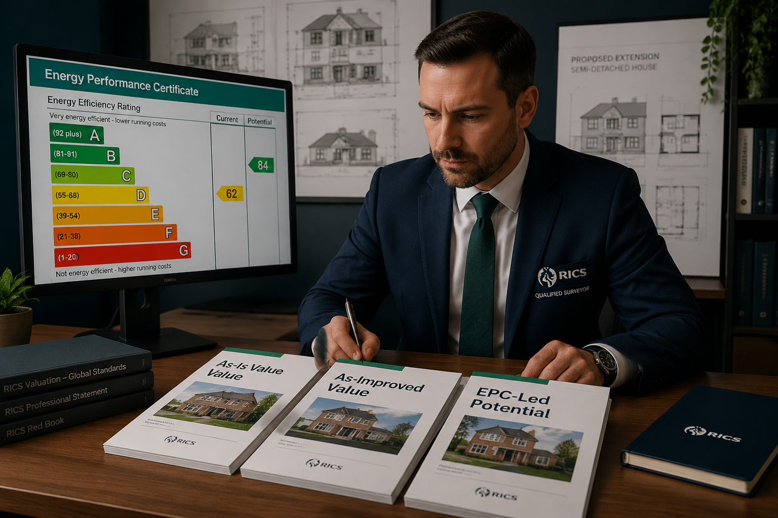 Wide-angle editorial illustration showing a RICS-qualified surveyor at a desk reviewing three stacked valuation report
