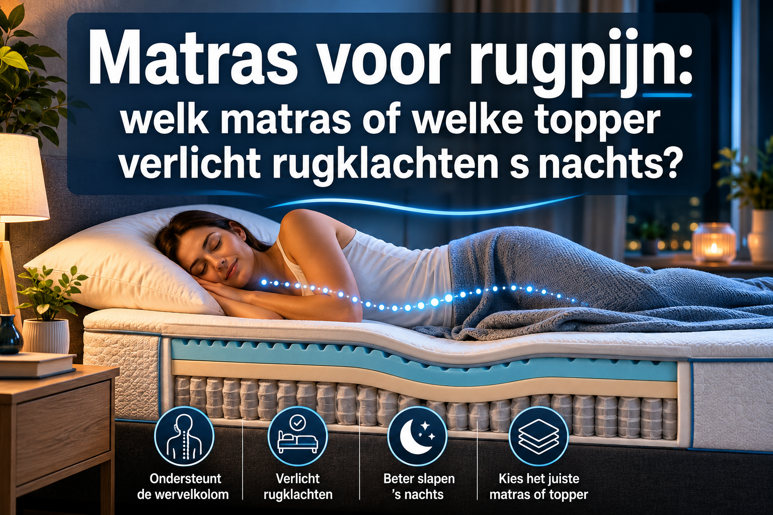 Professional () hero image with Dutch 'Matras voor rugpijn: welk matras of welke topper verlicht rugklachten s nachts?' in