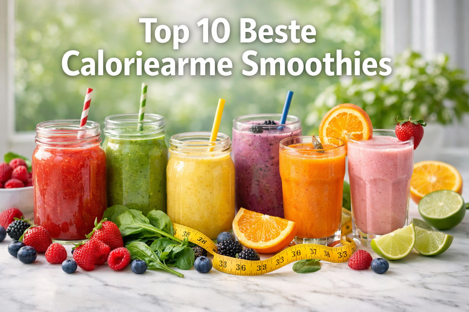 Professional landscape hero image (1536x1024) featuring bold text overlay 'Top 10 Beste Caloriearme Smoothies' in extra large 72pt white san