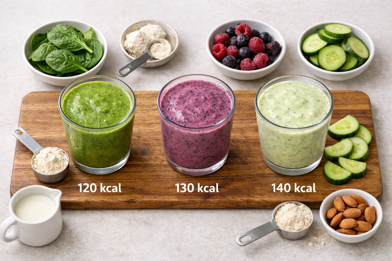 Editorial landscape image (1536x1024) showing three different caloriearme smoothies in transparent glasses on wooden cutting board, each lab