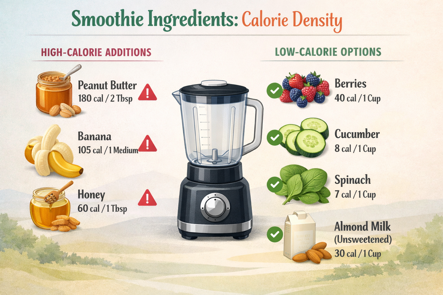 Detailed infographic-style landscape image (1536x1024) displaying visual comparison chart of smoothie ingredients and their calorie density.
