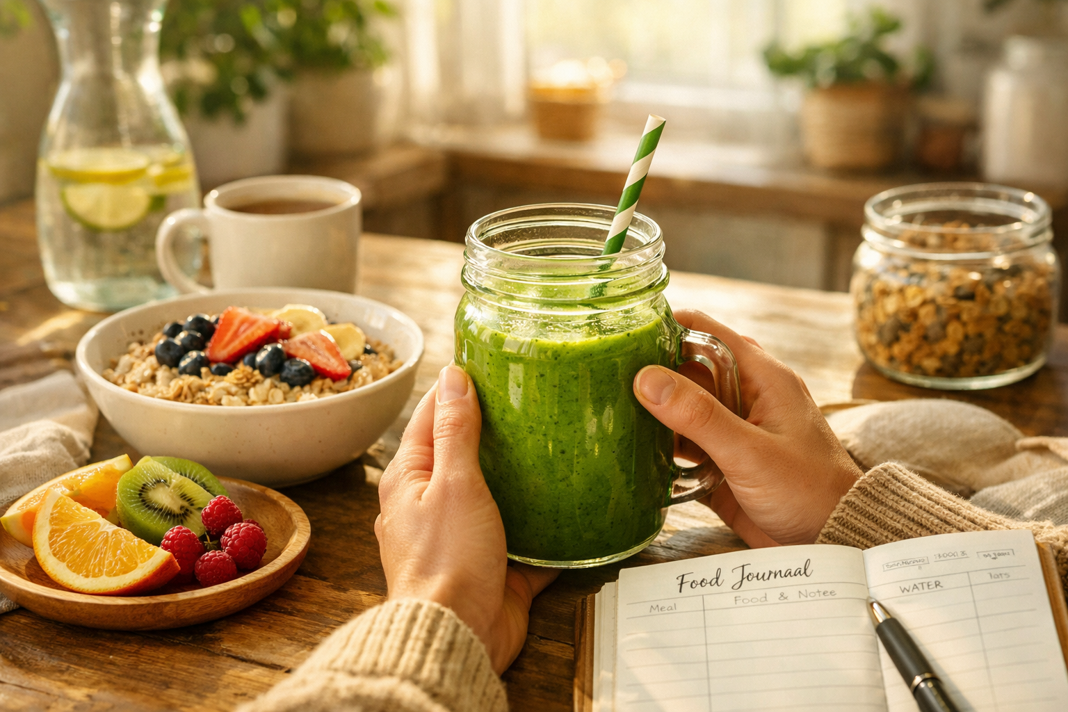 Lifestyle landscape image (1536x1024) showing person's hands holding vibrant green smoothie in mason jar at breakfast table setting. Morning