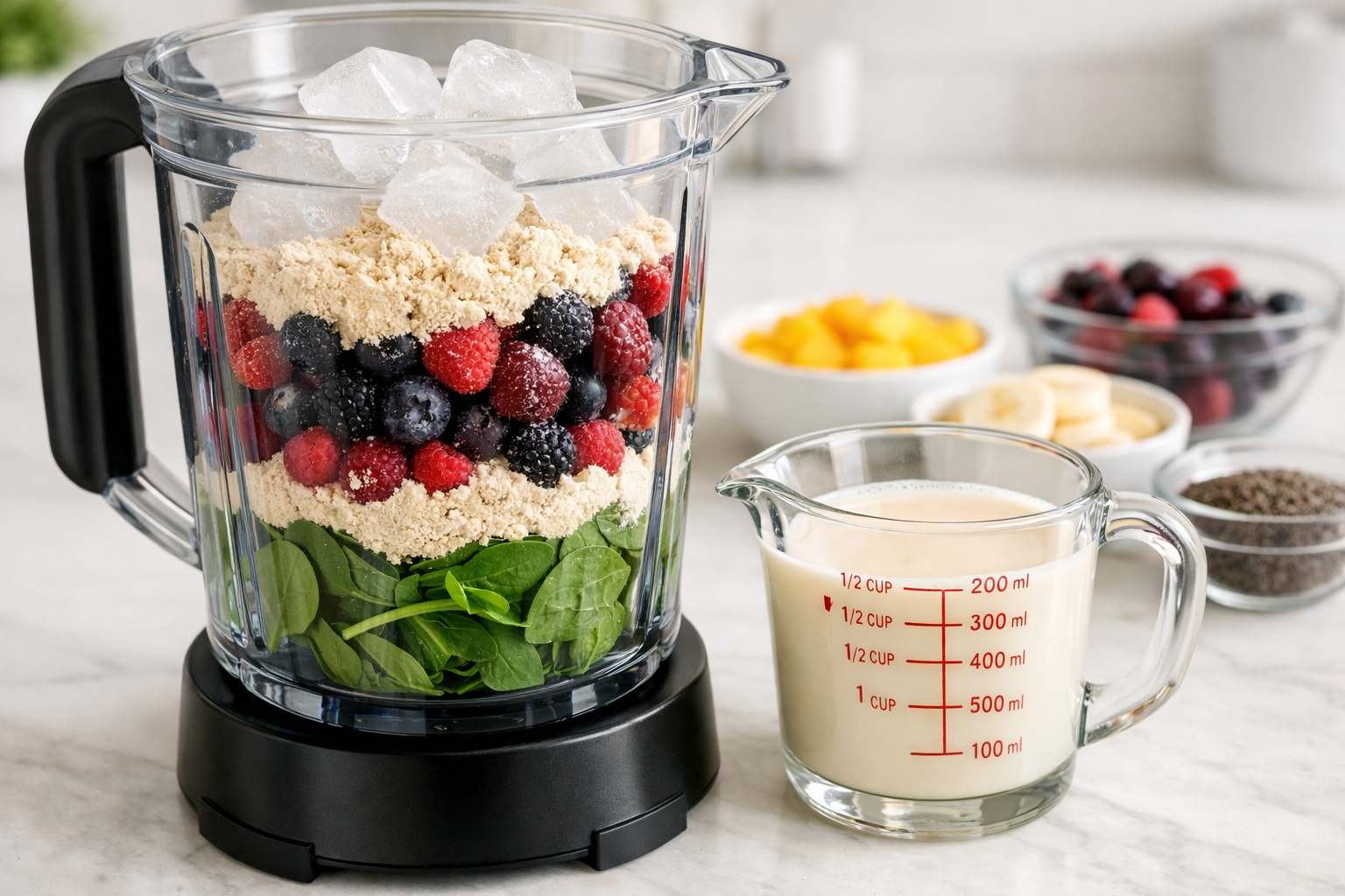 Close-up editorial landscape image (1536x1024) of blender filled with layered smoothie ingredients before blending: bottom layer leafy green