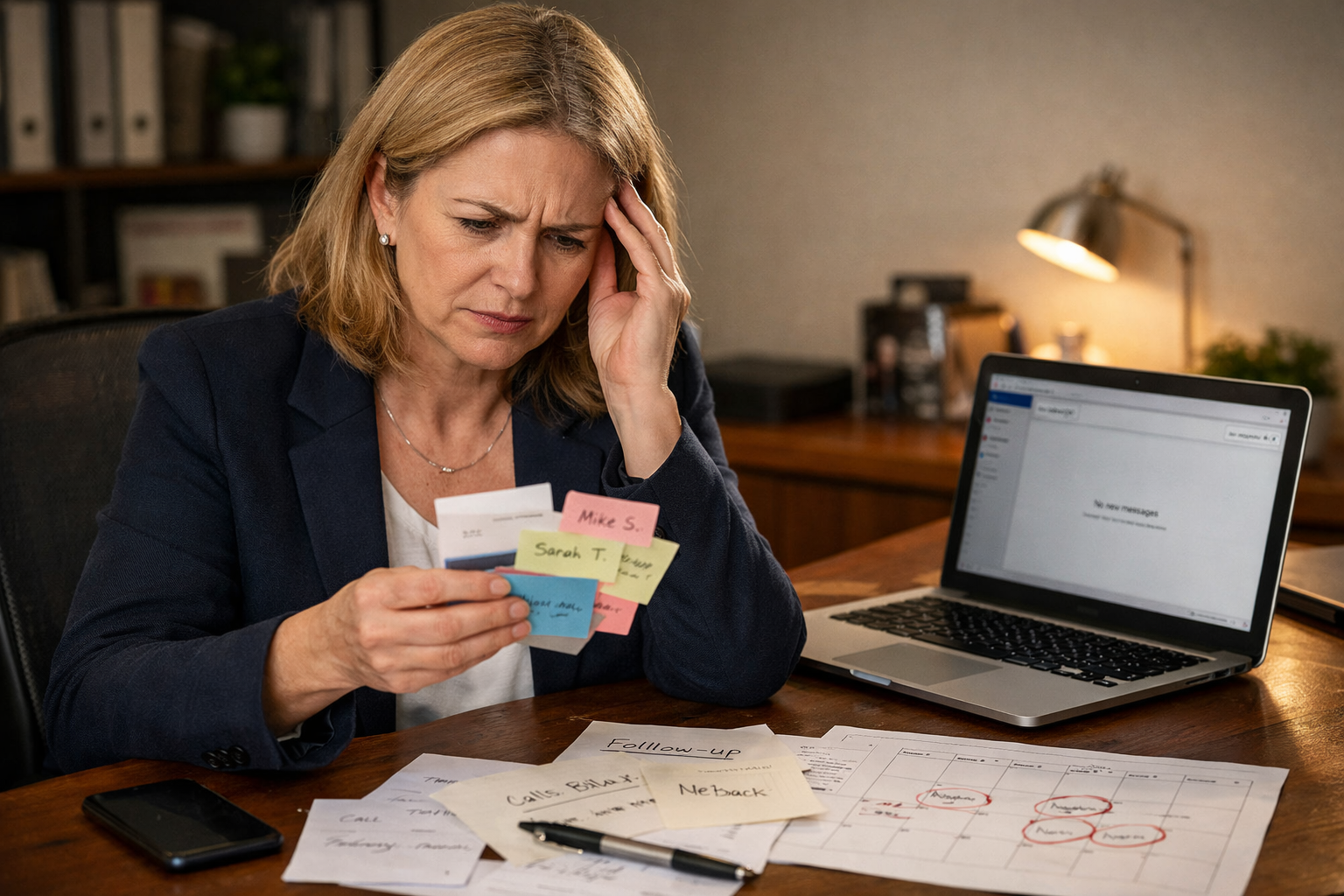 () image showing business owner at desk looking confused while reviewing a stack of business cards and sticky notes with
