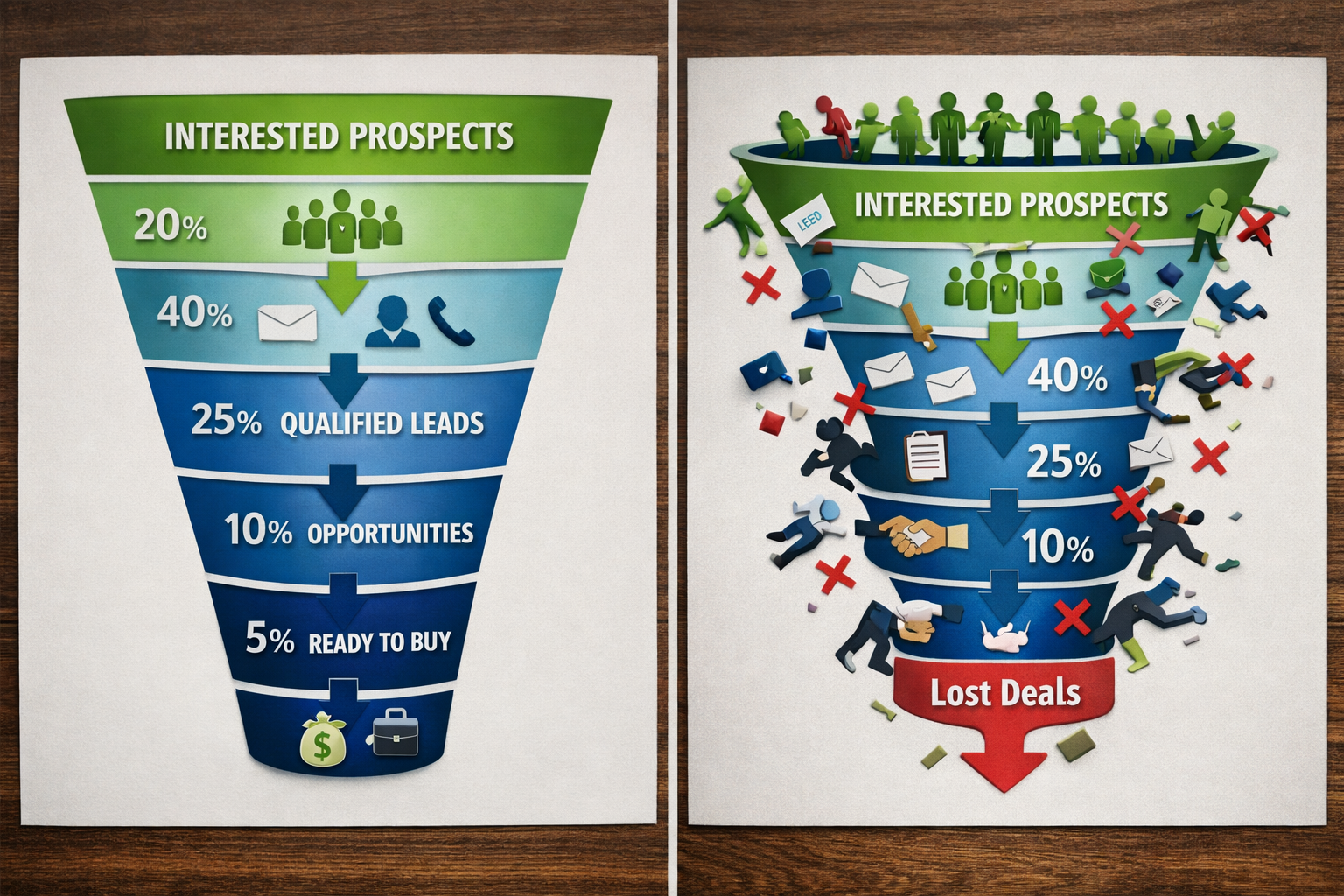 () split comparison image: left panel shows clear, organized sales funnel diagram with bright green 'interested' prospects
