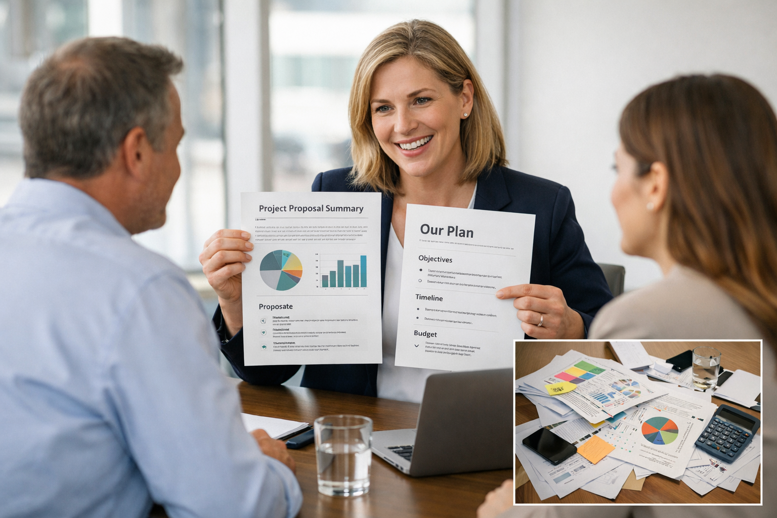 () image of professional business meeting where one person is presenting clear, simple proposal documents to attentive