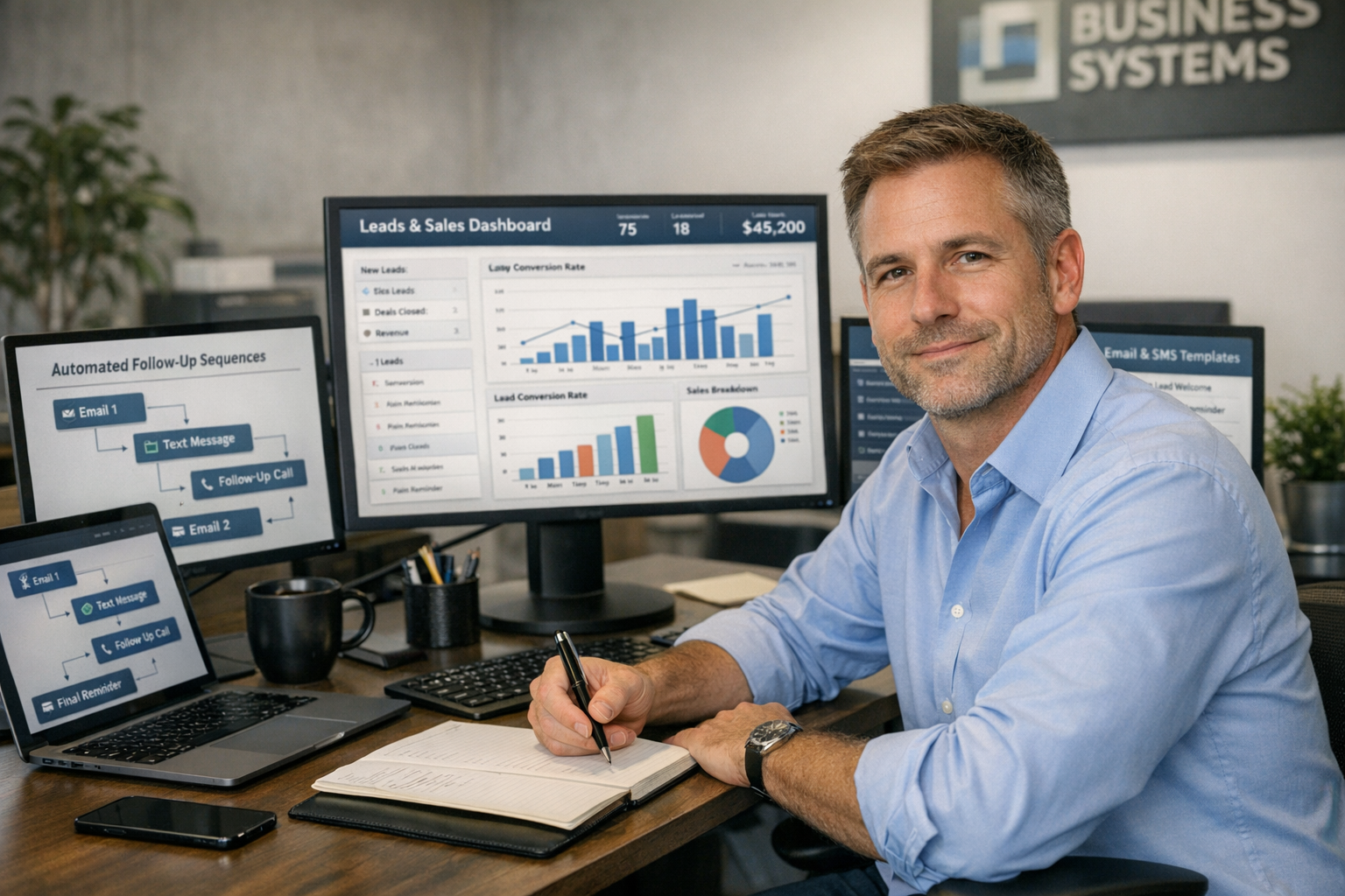 () image showing modern business owner working confidently at organized desk with multiple screens displaying automated
