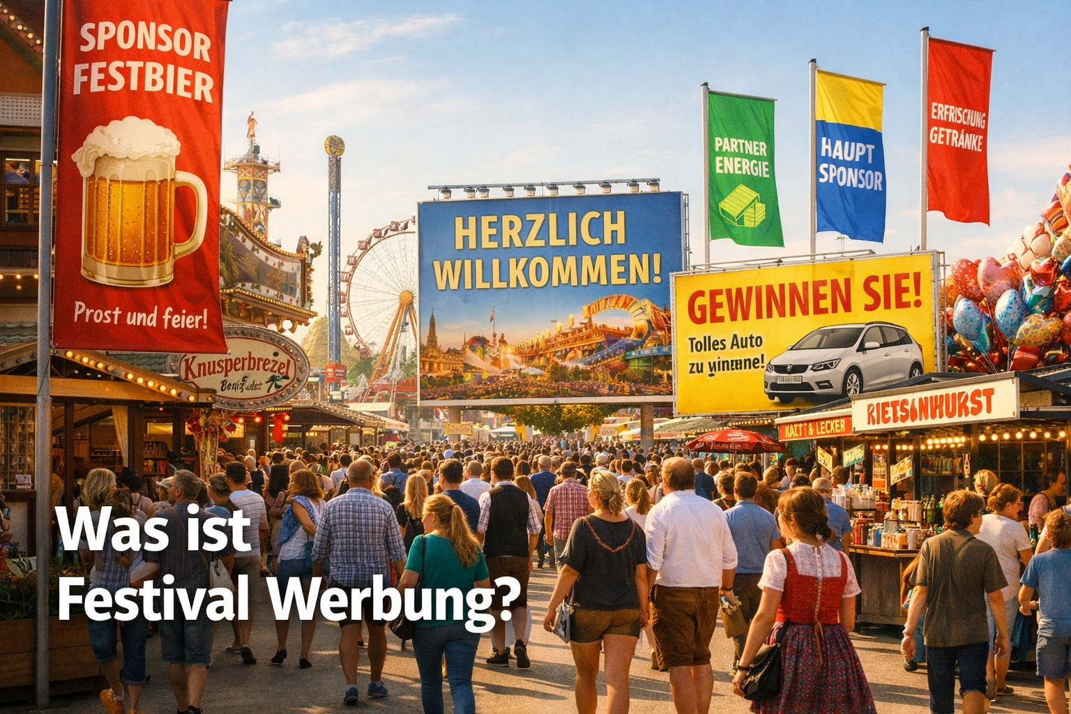 () illustration showing a busy German festival grounds with large branded Werbebanner, Plakate, and Fahnenmasten lining a