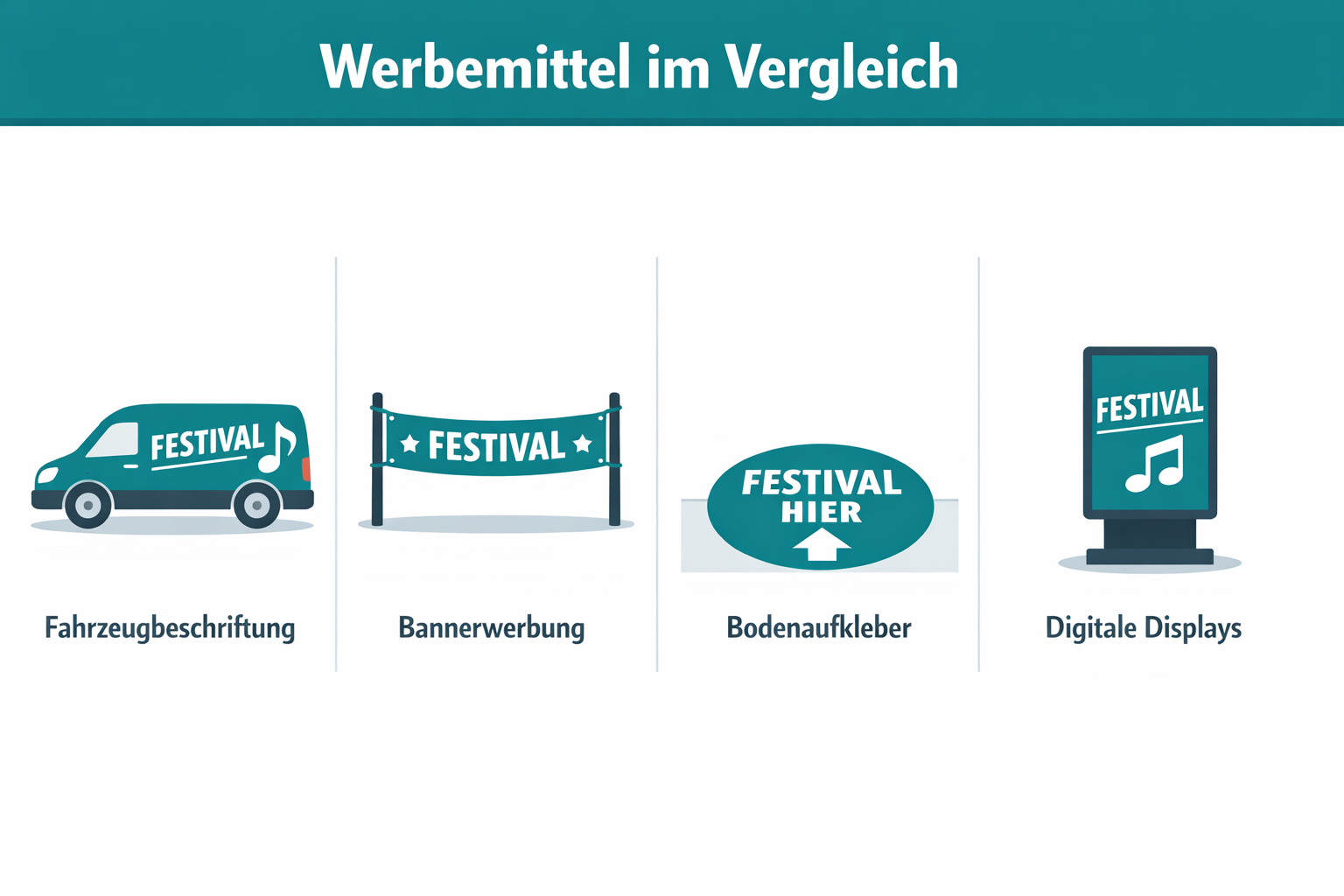 () comparison infographic showing four Festival Werbung formats side by side: Fahrzeugbeschriftung, Bannerwerbung,