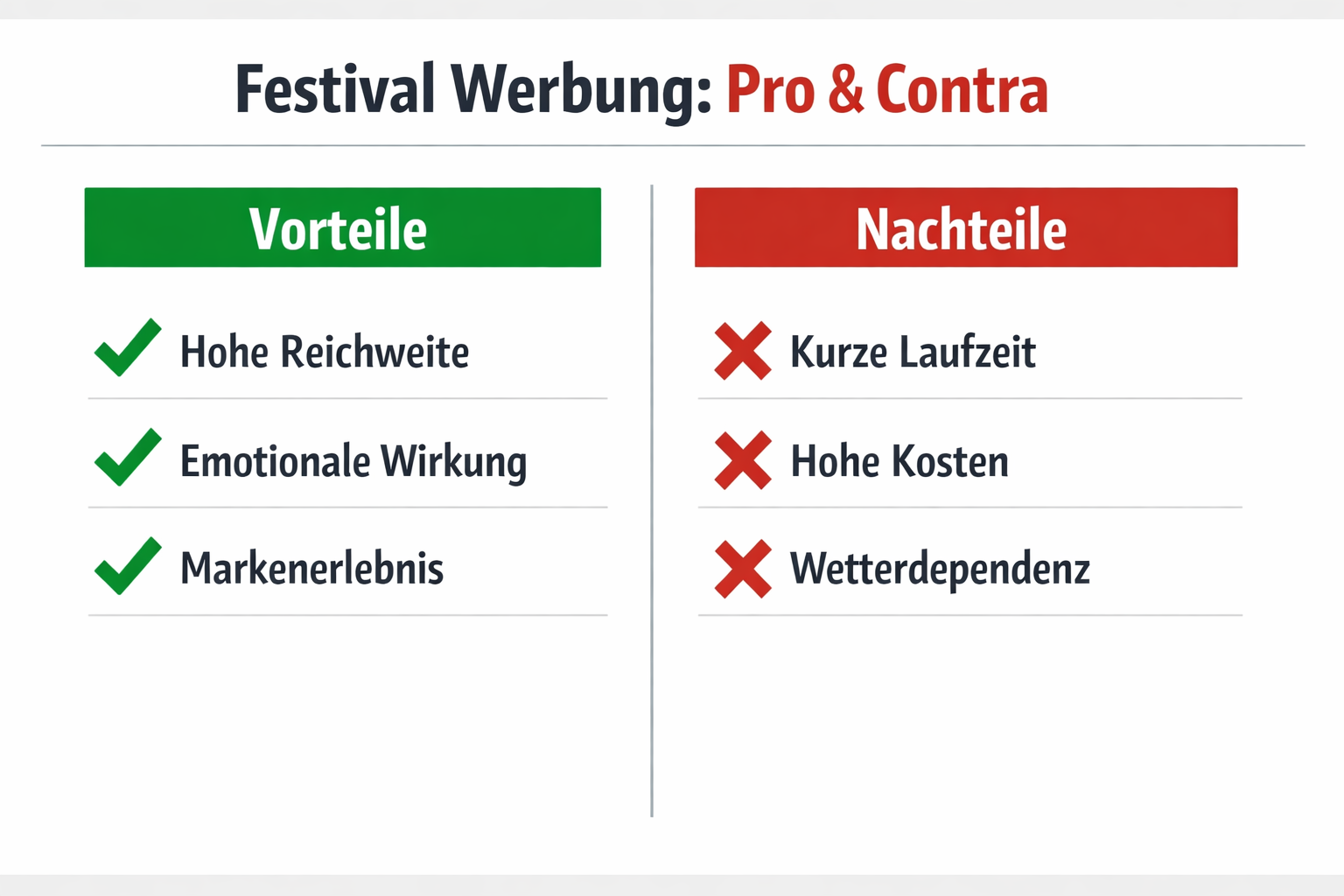 () side-by-side pros and cons table graphic for Festival Werbung. Left column labeled 'Vorteile' with green checkmarks