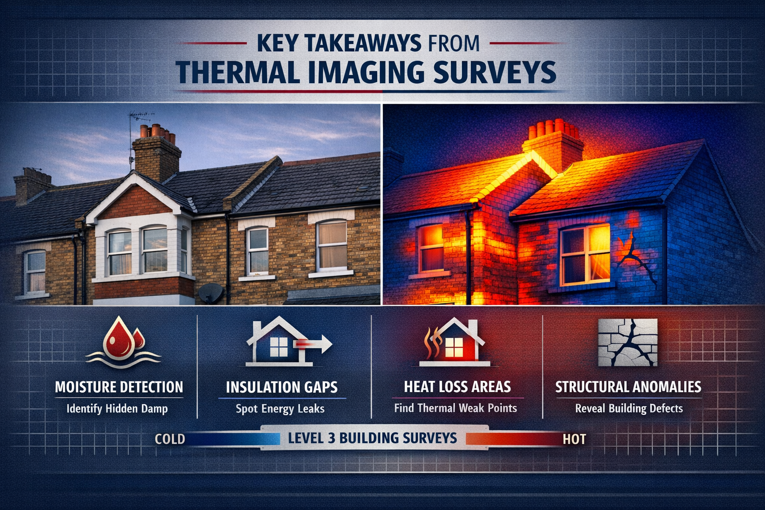 Infographic-style key takeaways visual for thermal imaging surveys, featuring a split-screen thermal/visible spectrum image