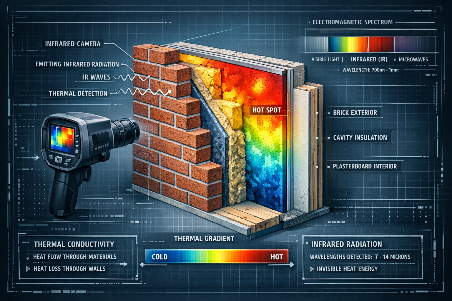 Technical cross-section illustration demonstrating thermal imaging technology principles in building diagnostics. Cutaway