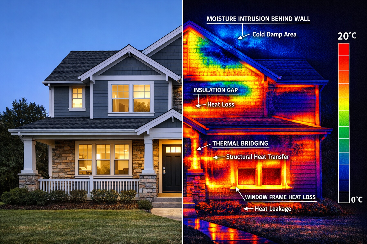 Dramatic forensic visualization of hidden building defects revealed through thermal imaging technology. Split-screen