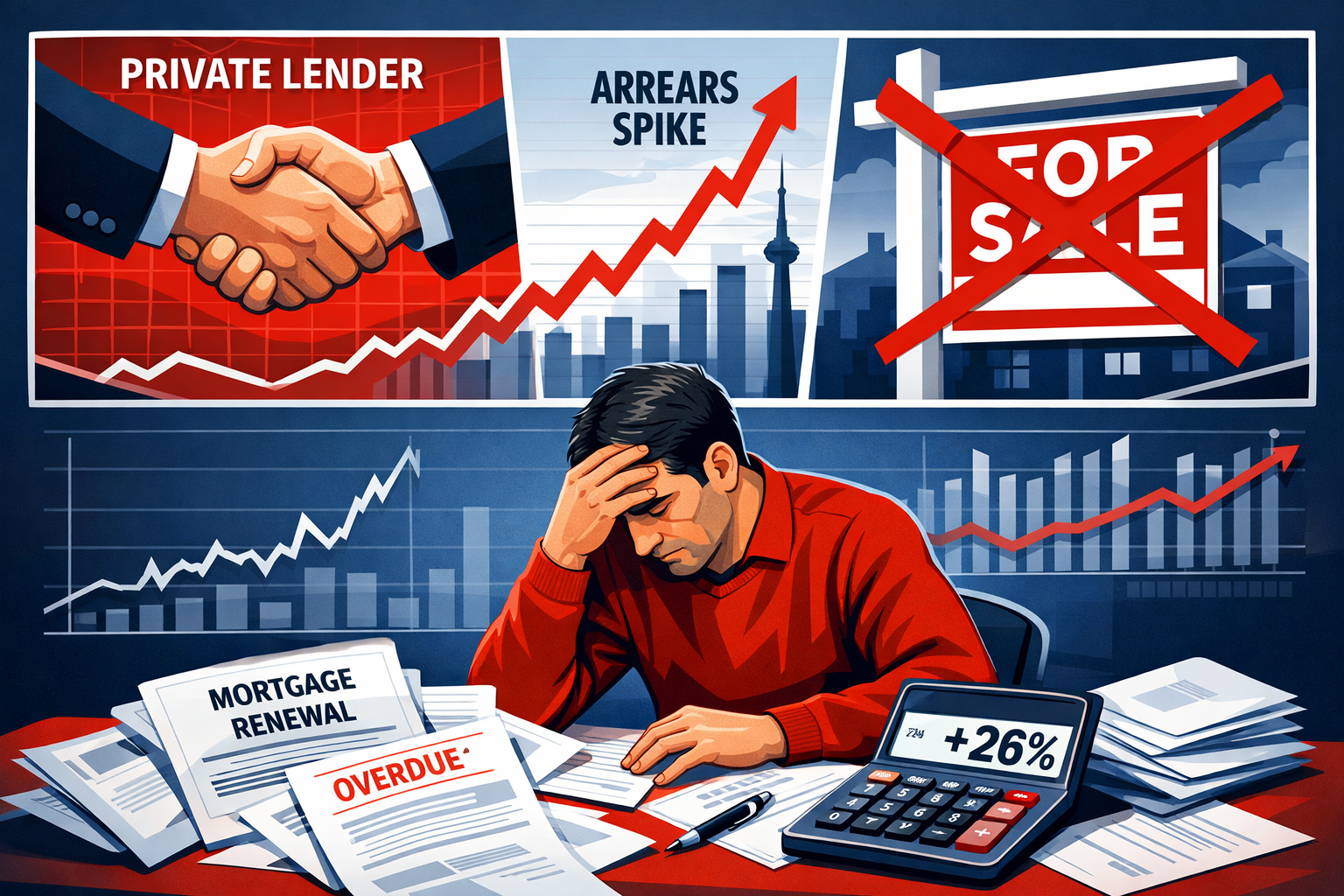 Wide-angle editorial illustration showing a Toronto homeowner at a desk surrounded by mortgage renewal letters and a