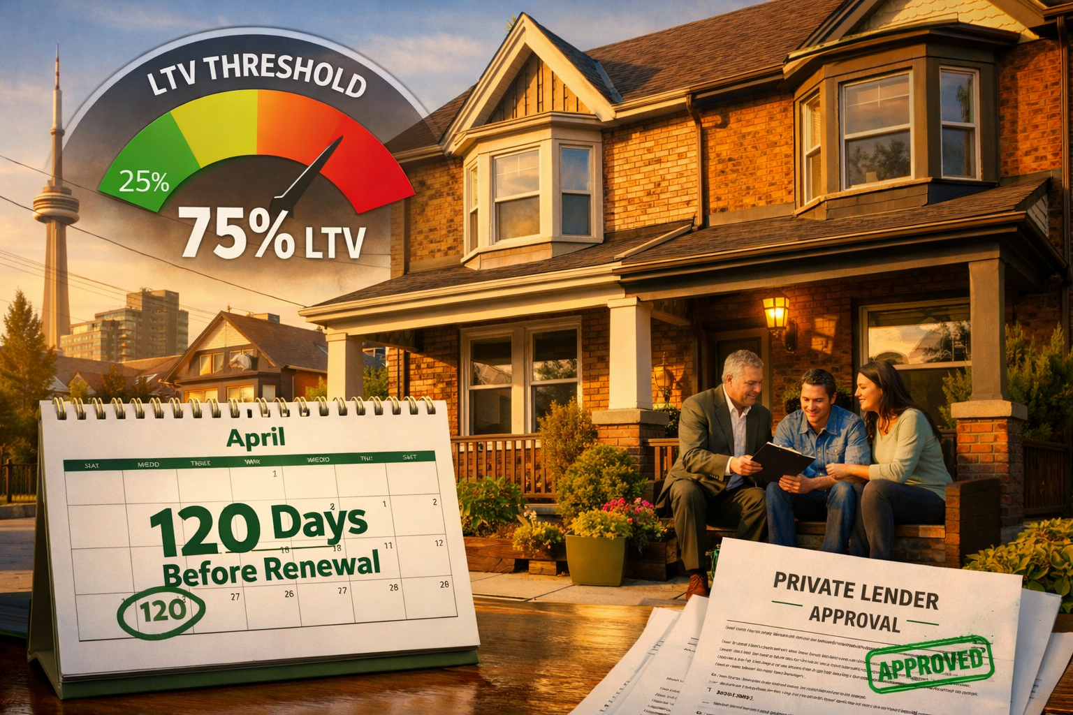 Street-level photo-realistic illustration of a Toronto semi-detached home with equity meter graphic overlaid showing 75% LTV