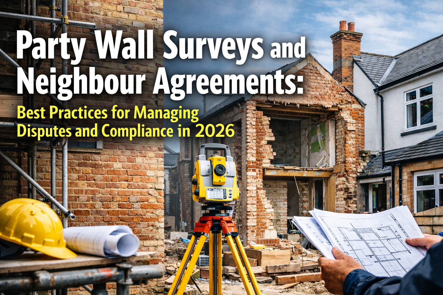 Professional landscape hero image (1536x1024) with bold text overlay: "Party Wall Surveys and Neighbour Agreements: Best Practices for Manag