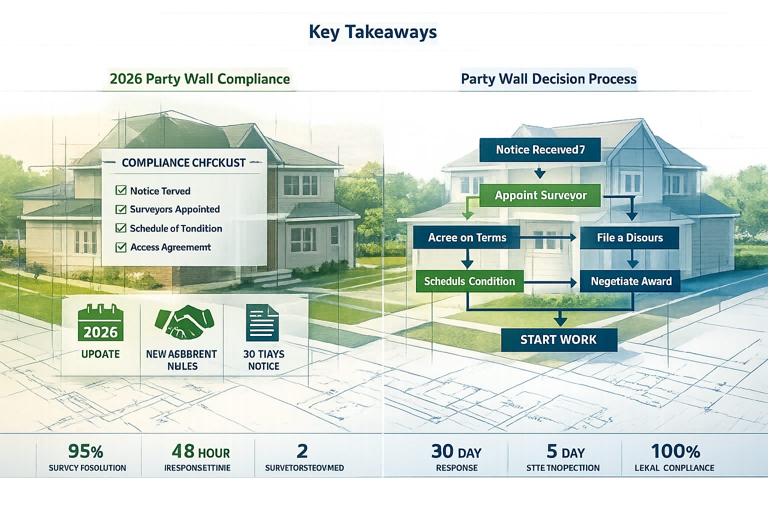 Key Takeaways section infographic: Split-screen landscape visualization depicting two adjacent properties with transparent legal/technical o