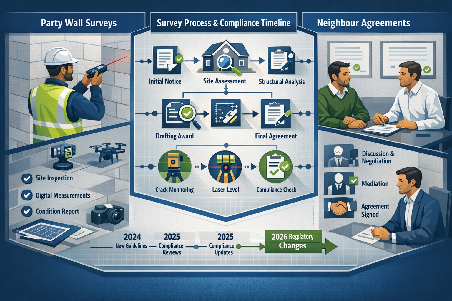 Party Wall Surveys and Neighbour Agreements section professional workflow visualization: Isometric split-screen infographic depicting compre