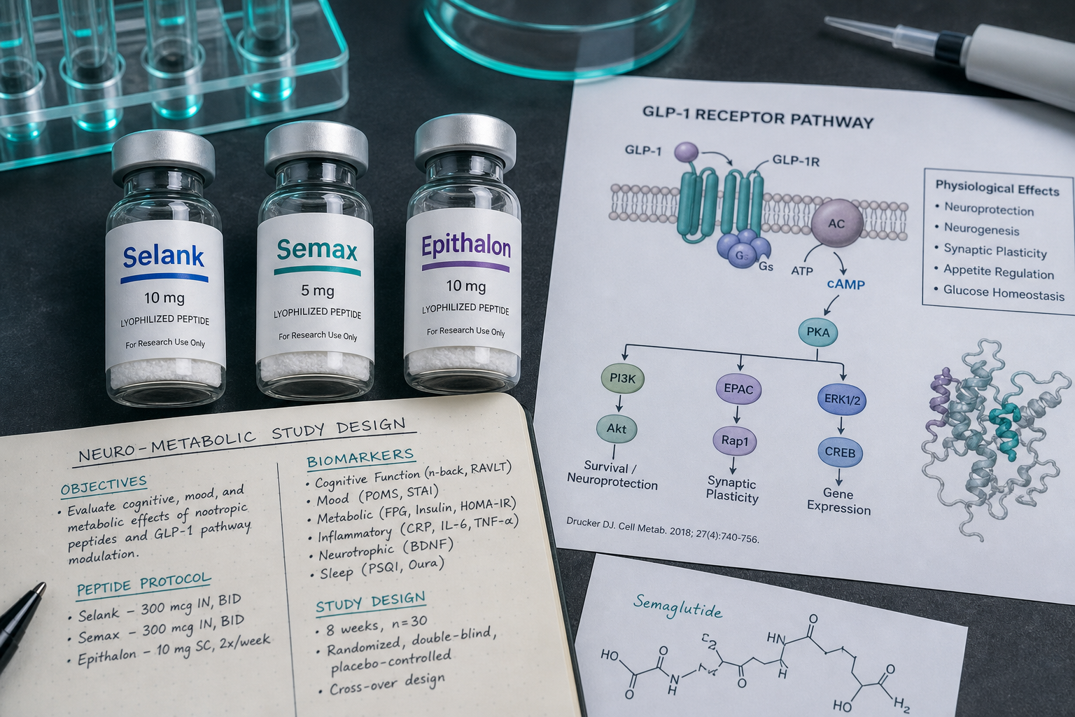 Close-up laboratory flat-lay image showing three distinct peptide vials labeled Selank, Semax, and Epithalon arranged on a