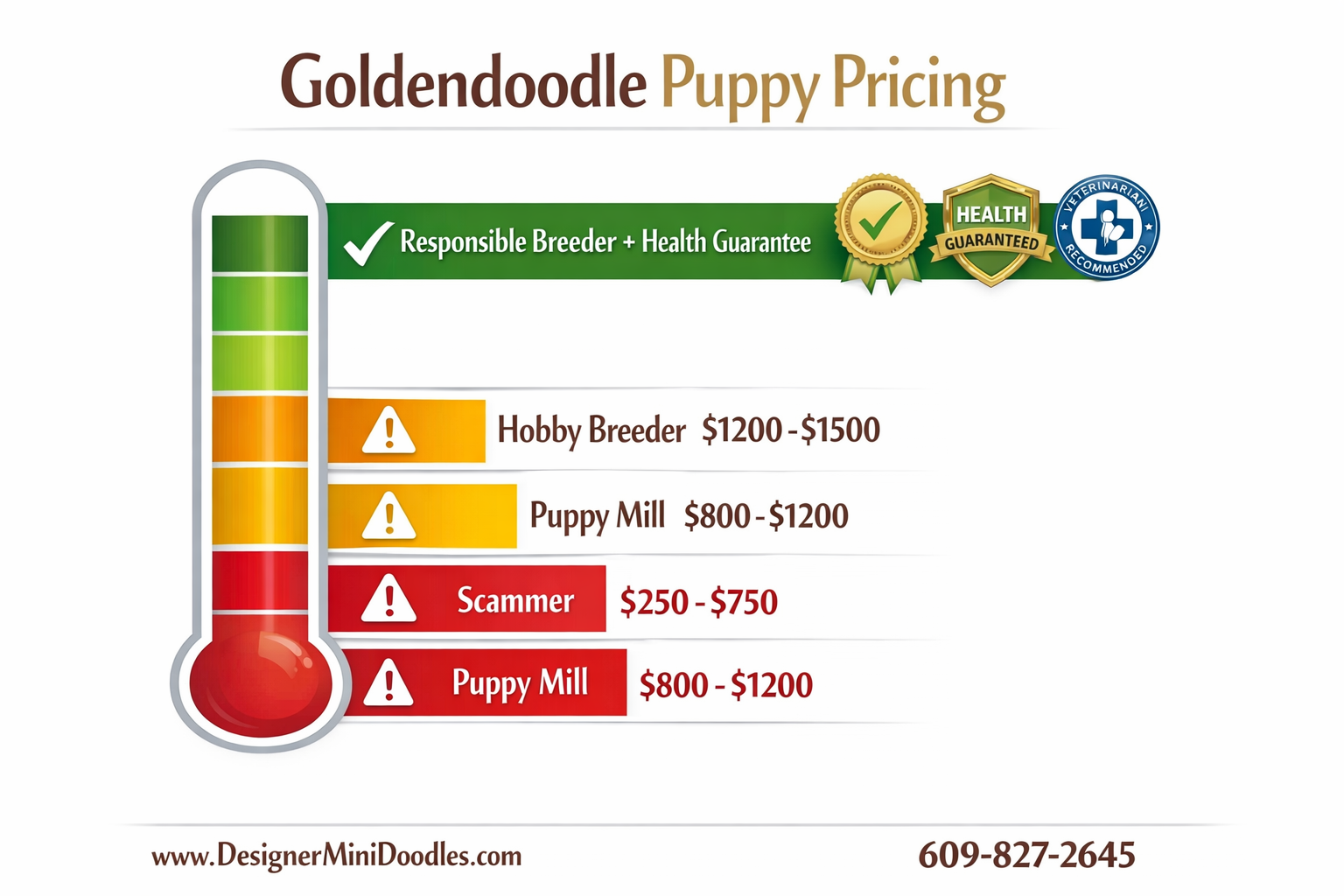 () creative infographic showing goldendoodle puppy pricing tiers as a horizontal bar chart or thermometer style graphic.