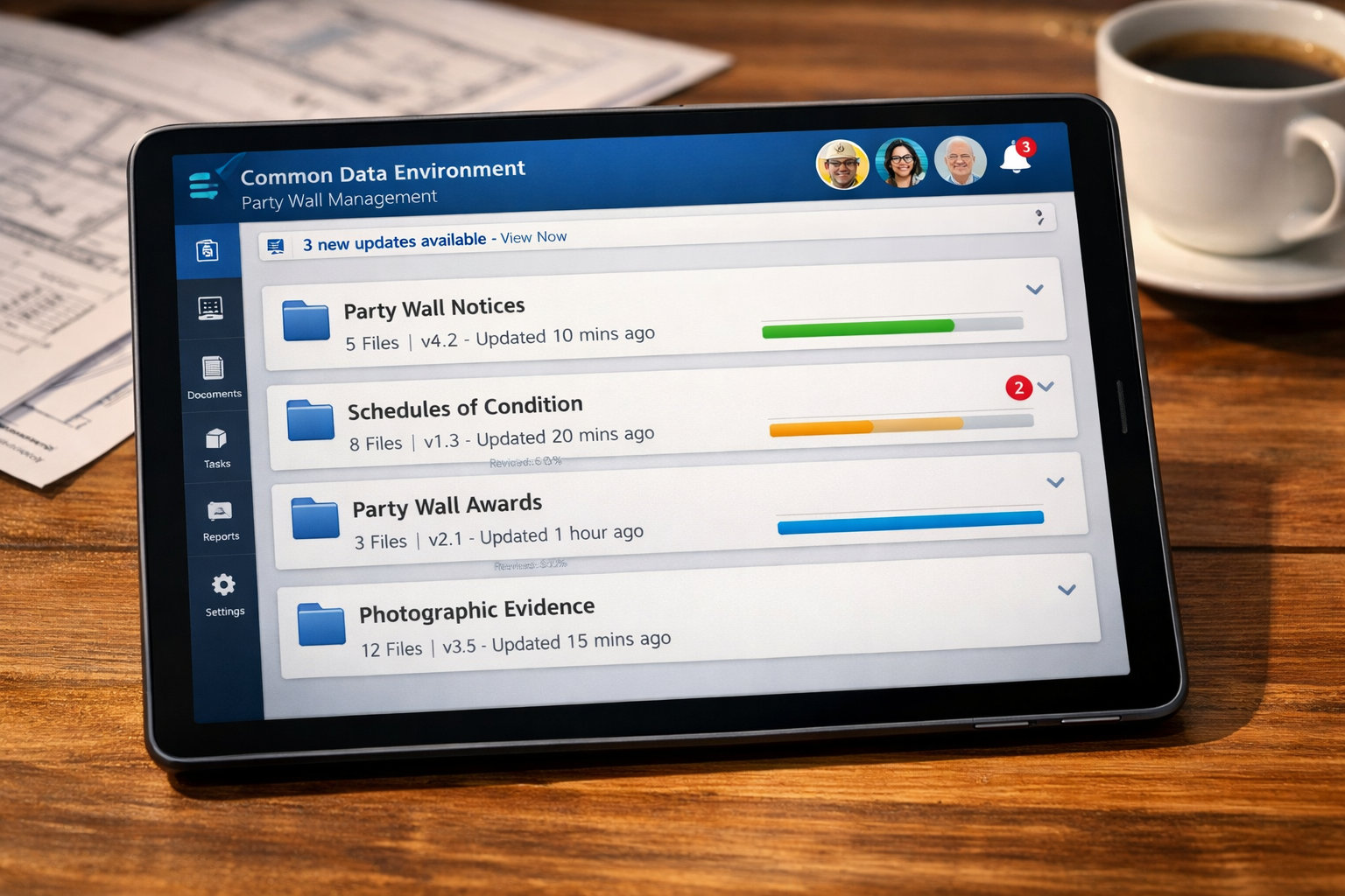 Detailed () image showing close-up view of modern tablet device displaying a Common Data Environment dashboard interface for