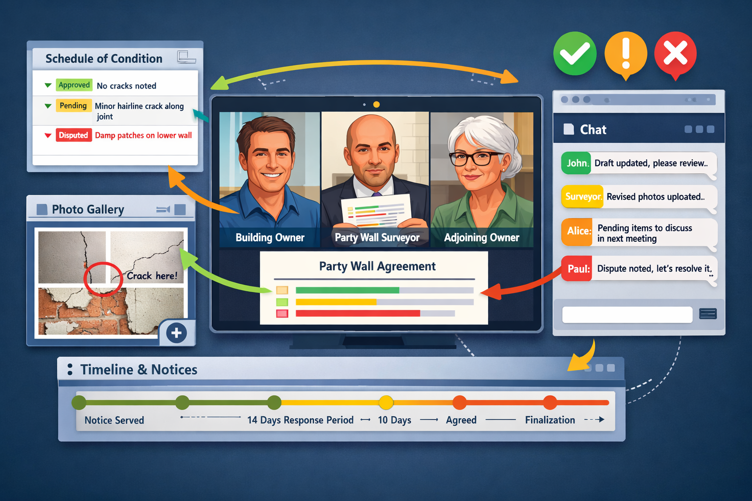 Wide () illustration depicting real-time collaboration workflow in party wall negotiations. Central focus shows three-way