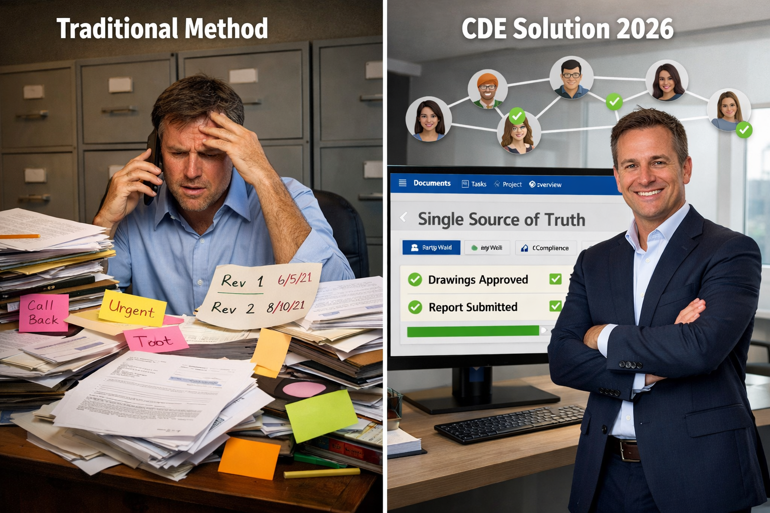 Detailed () image showing before-and-after comparison split screen. Left side labeled 'Traditional Method' shows cluttered