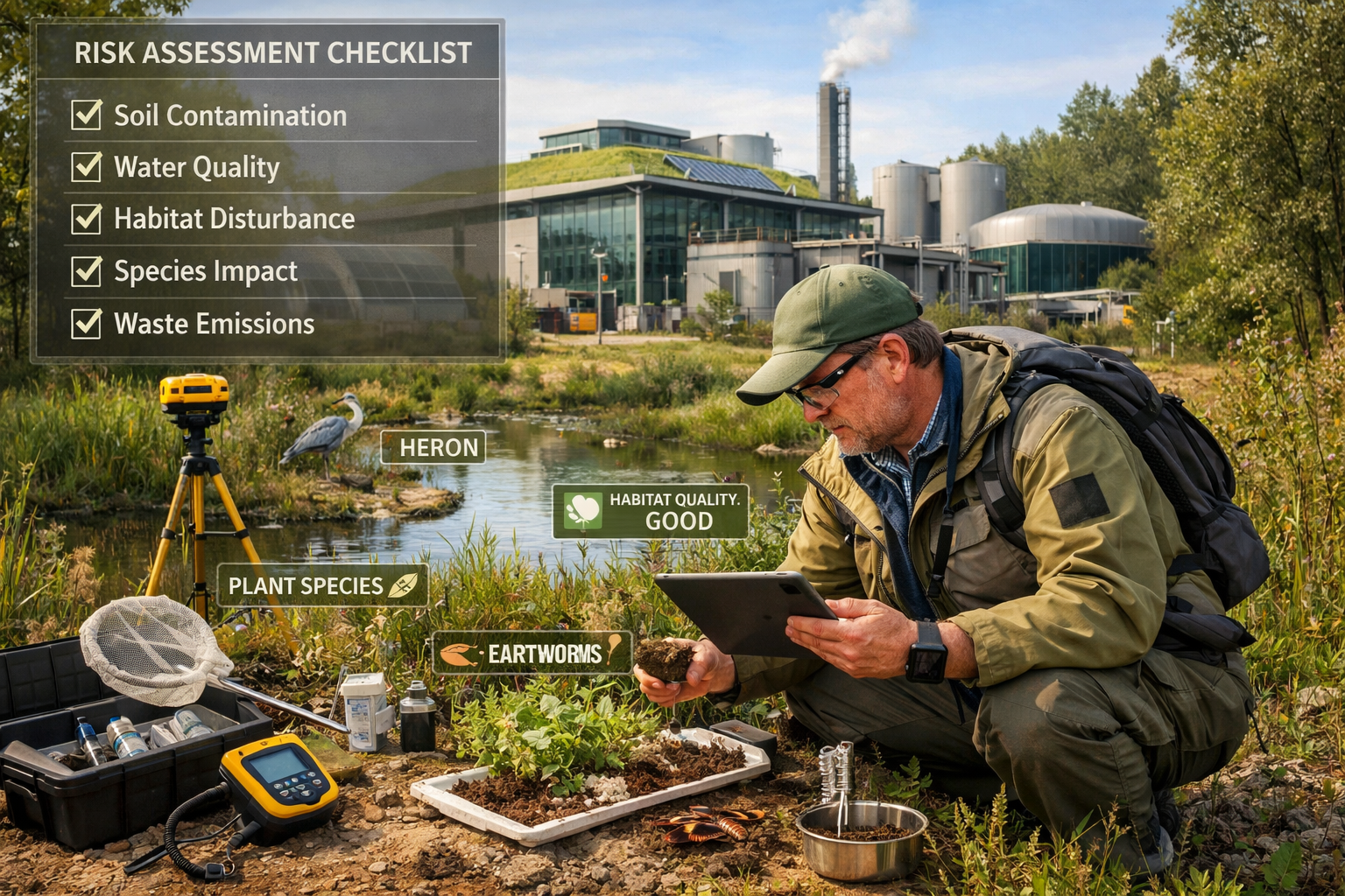 Detailed landscape format (1536x1024) image showing biodiversity surveyor conducting ecological risk assessment at circular economy site. Fo