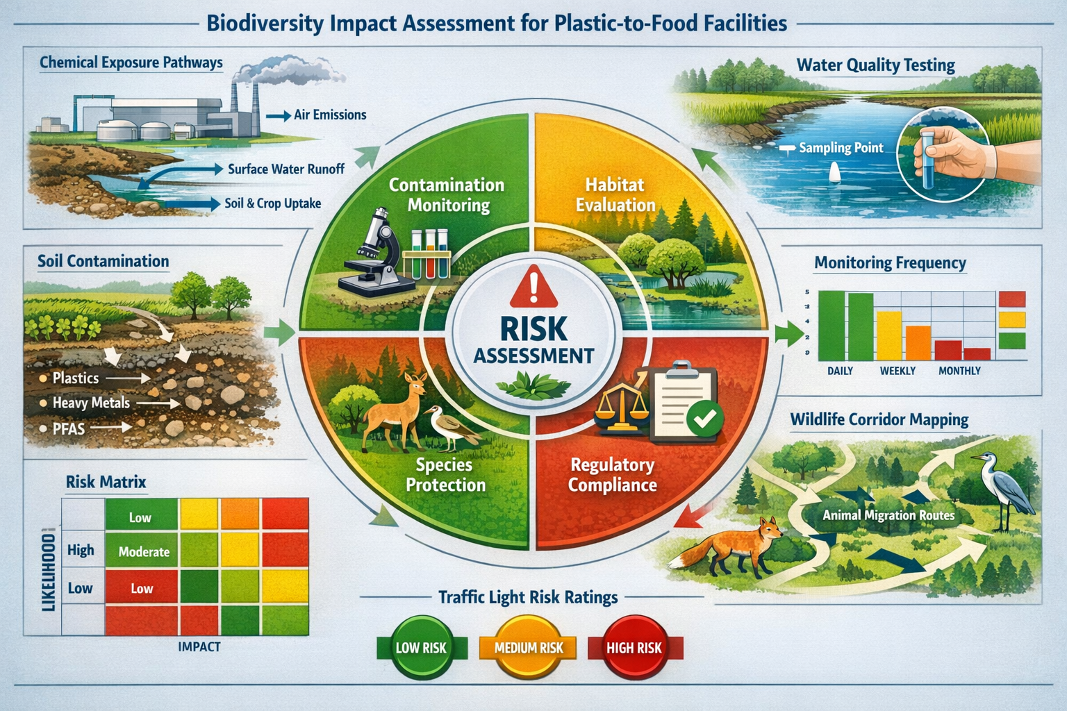 Detailed landscape format (1536x1024) infographic-style image illustrating biodiversity impact assessment framework for plastic-to-food faci