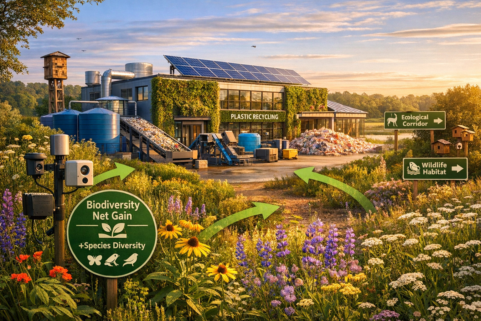 Detailed landscape format (1536x1024) image showing successful biodiversity integration at circular economy site. Scene depicts thriving nat