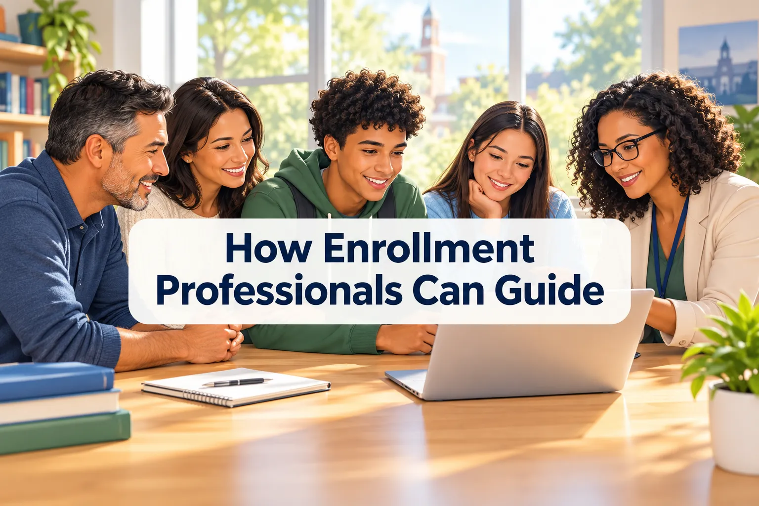 Professional () hero image with (≤42 chars): 'How Enrollment Professionals Can Guide', navy on a light panel, centered with